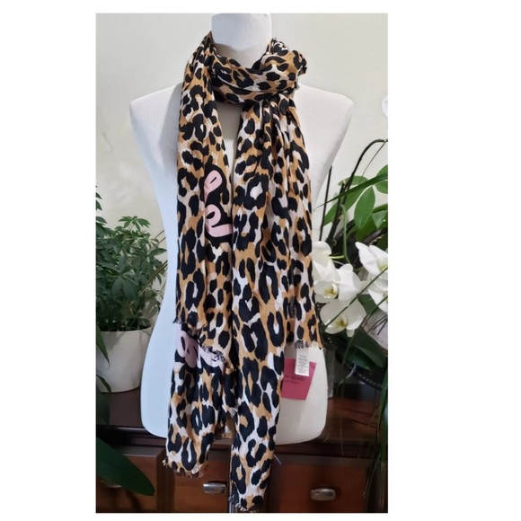 NEW KATE SPADE NY Scarf Logo Women Viscose Brown Leopard Animal Print Fringe 29” - Picture 1 of 7